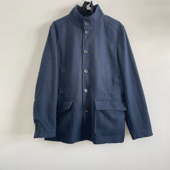 Banana Republic Overcoat Mens Medium Herringbone Blue Button Wool Blend Mid - Picture 1 of 8